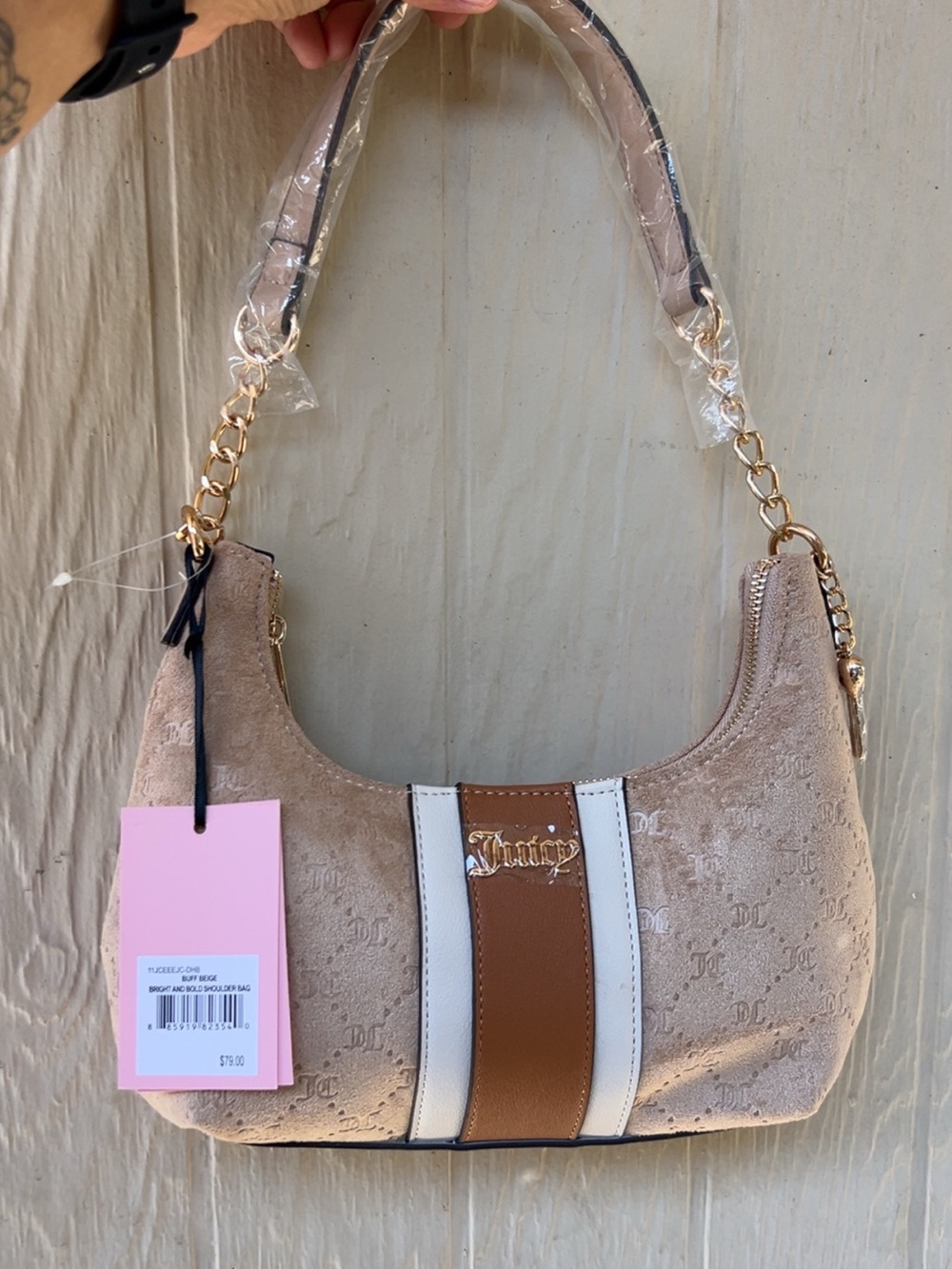 Juicy Couture Beige, White and Tan Logo Shoulder Bag